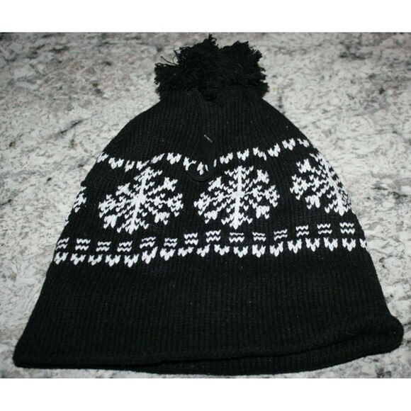 KNIT HAT BEANIE FLEECE LINED WINTER COLD WEATHER BLACK / WHITE KKNIT NWT CHAPEAU - Picture 2 of 2